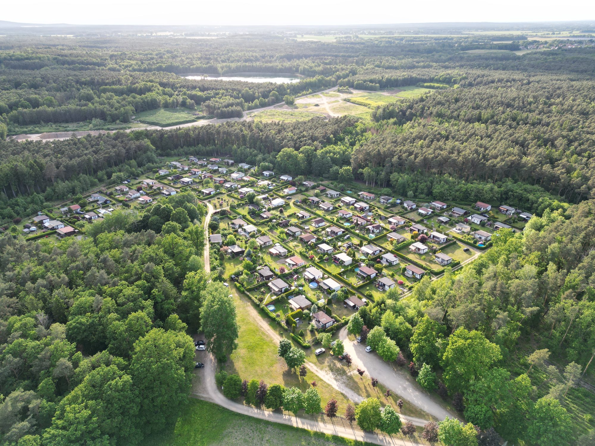 Luftaufnahme der Kleingartenanlage Am Inselsee in Kaltwasser, umgeben von Wald, mit dem Inselsee im Hintergrund